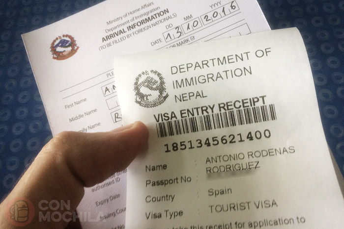 Ticket de registro de datos para el visado de Nepal