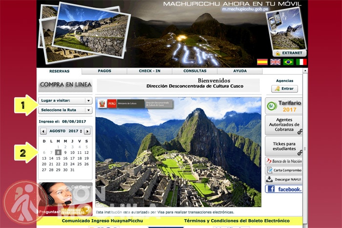 Página oficial para la compra de entradas de Machu Picchu