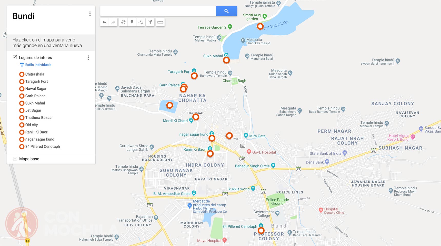 Mapa de Bundi con lugares de interés